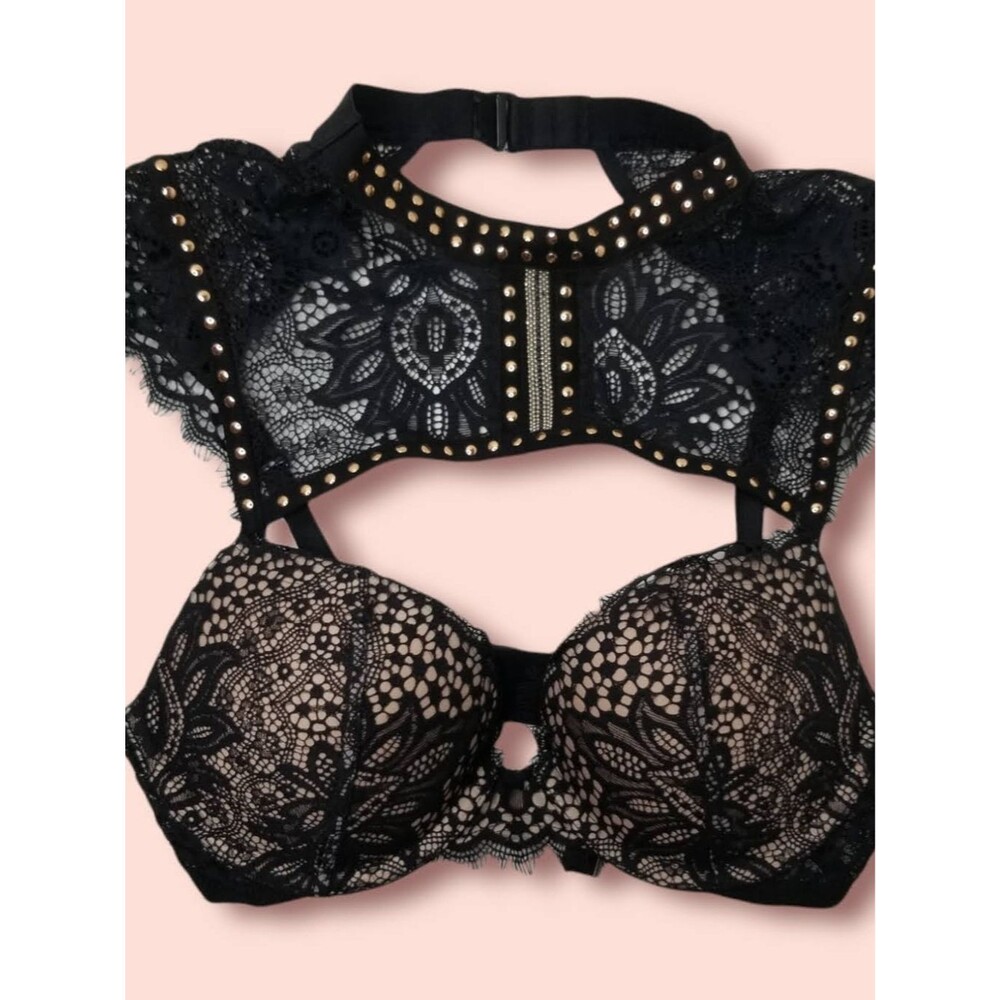 Victoria's Secret 32B Very Sexy Studded High-Neck Black Lace Push-Up Bra